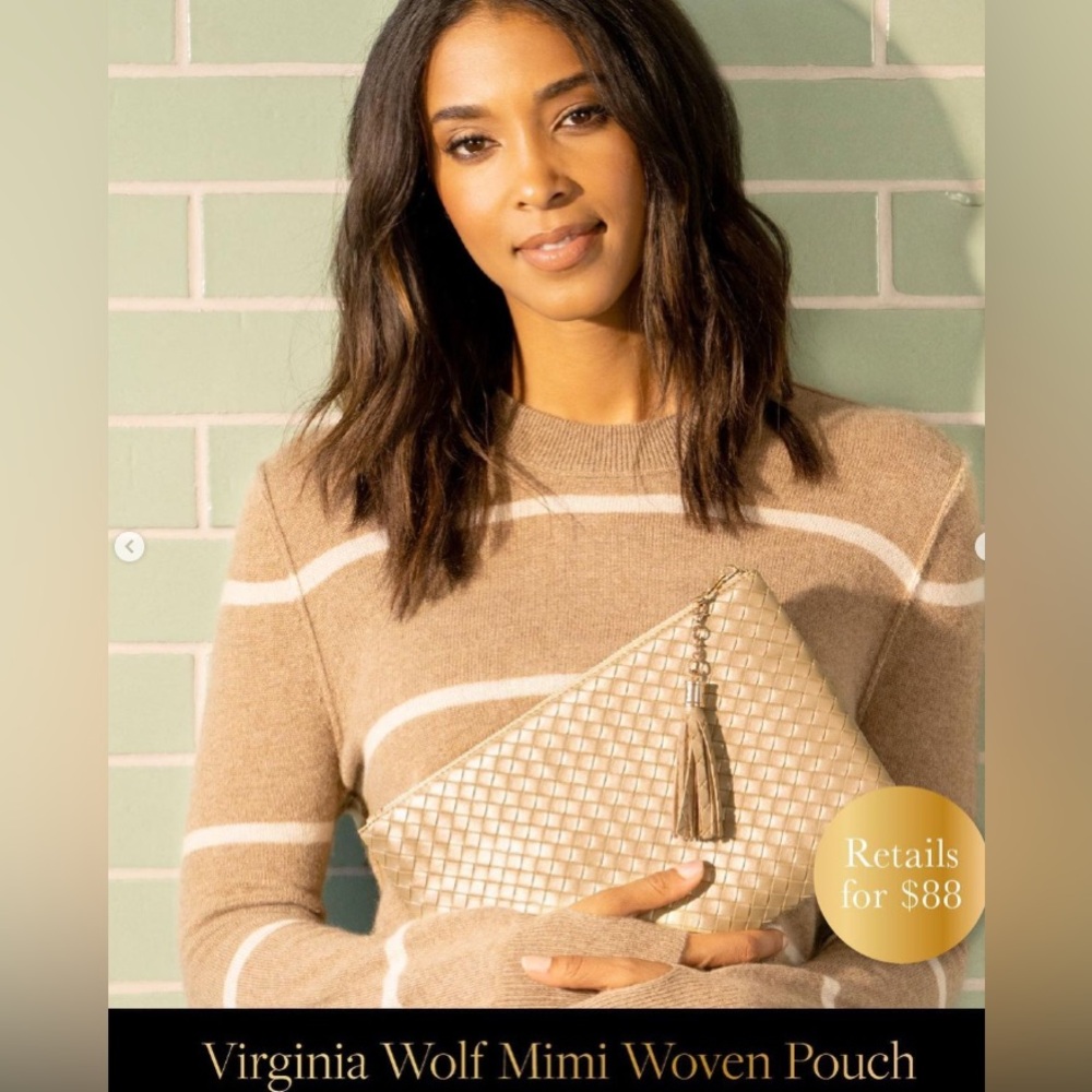 VIRGINIA WOLF Mimi Woven Clutch Bag Pouch Gold Vegan Metallic Leather Tassel NWT